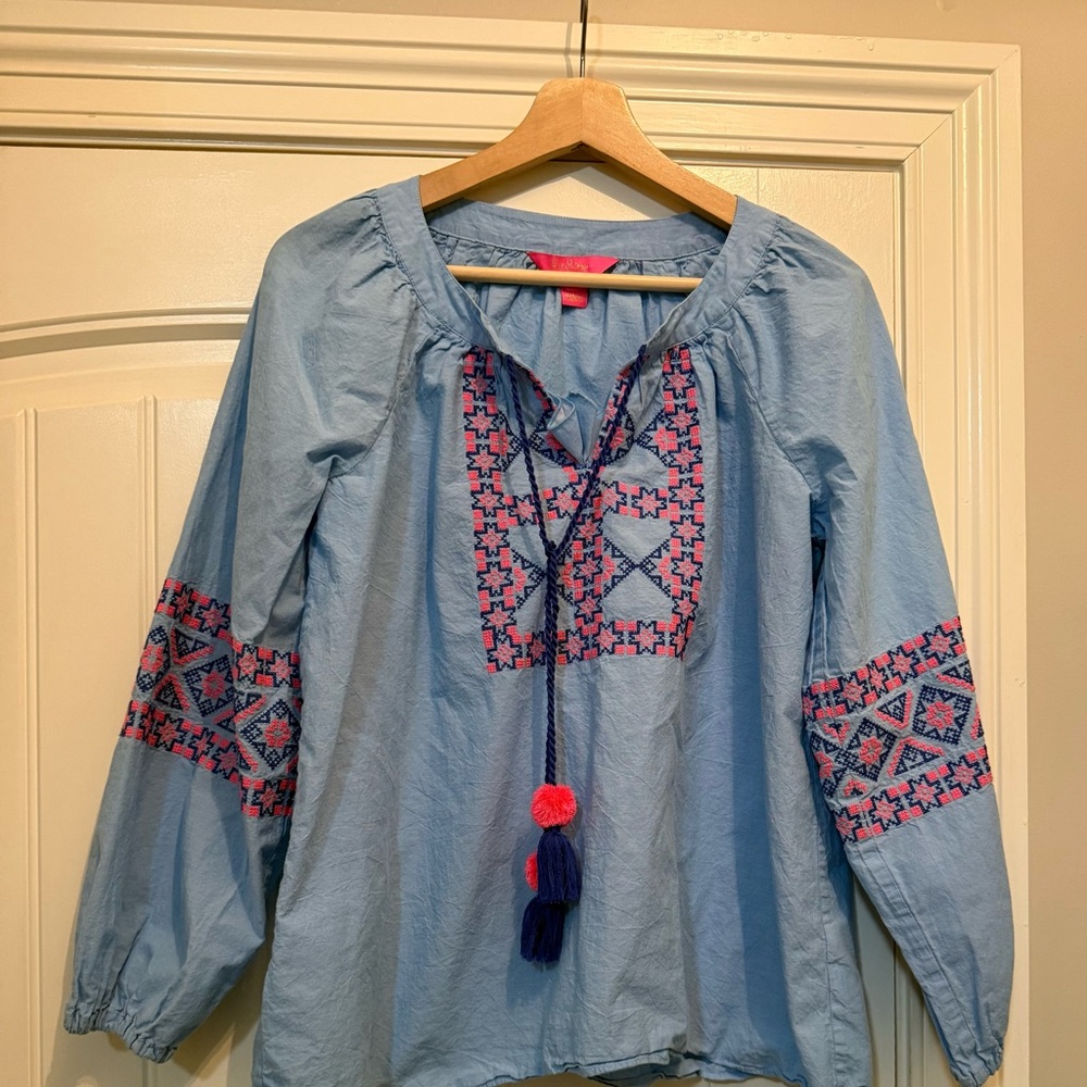 Lilly Pulitzer Chambray Embroidered Boho Chic  Medium Peasant Tunic Tassel Top